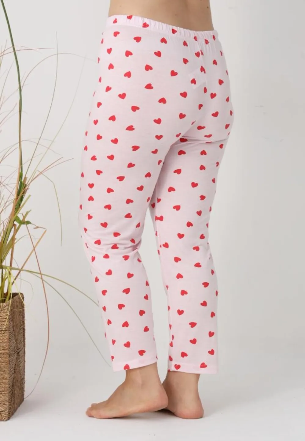 Pantaloni de pijama damă Big Size, roz cu inimioare roșii - 3