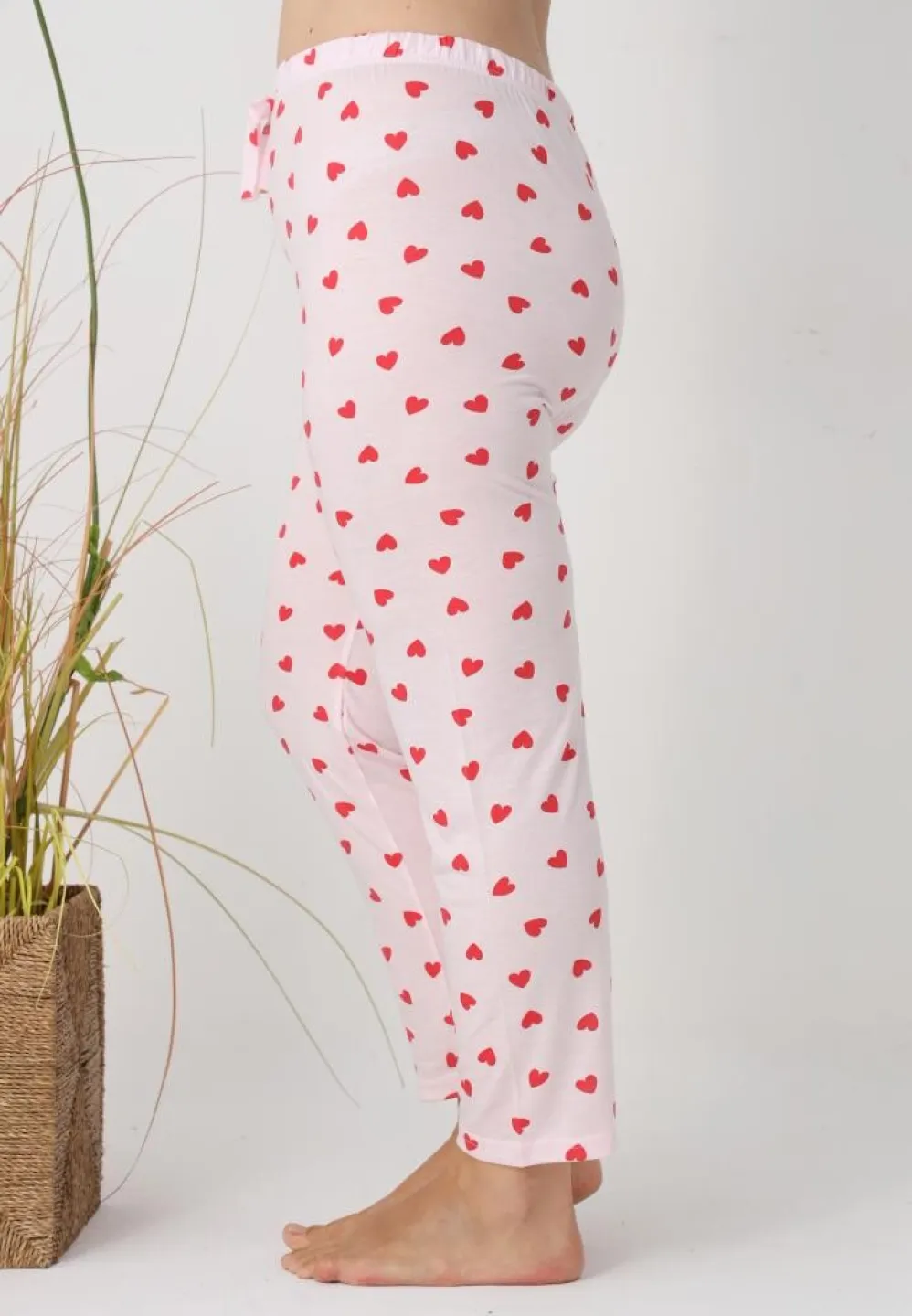 Pantaloni de pijama damă Big Size, roz cu inimioare roșii - 4