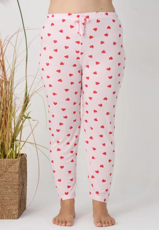 Pantaloni de pijama damă Big Size, roz cu inimioare roșii