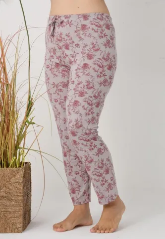 Pantaloni de pijama damă Big Size, gri cu flori vișinii