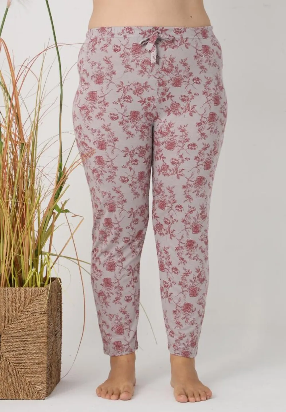 Pantaloni de pijama damă Big Size, gri cu flori vișinii - 6