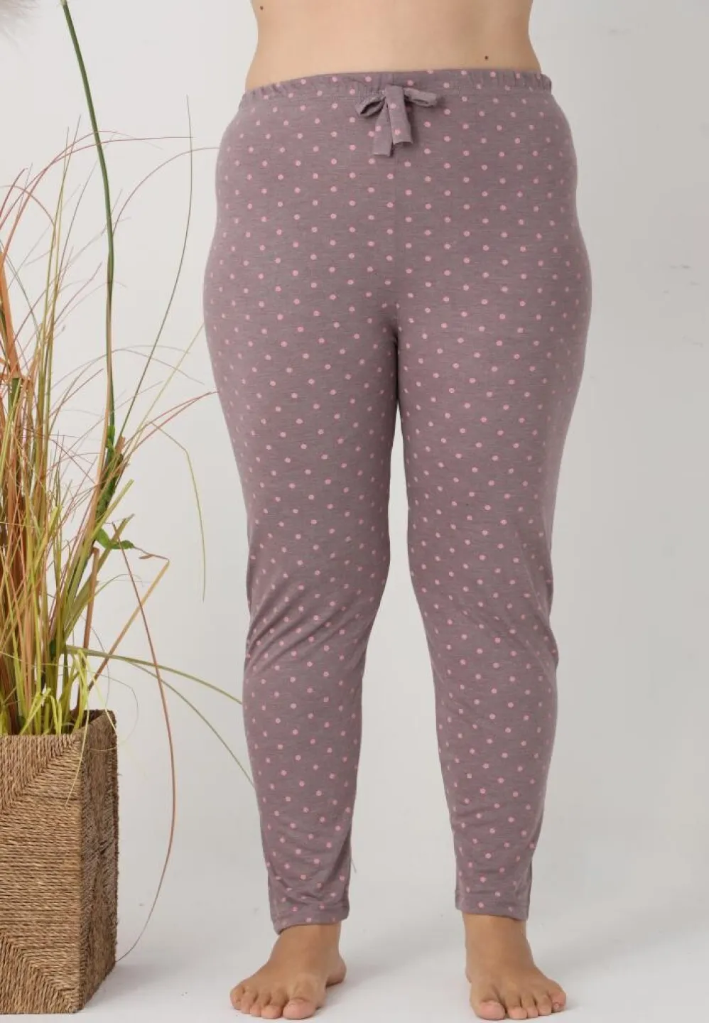 Pantaloni de pijama damă Big Size, gri cu buline roz - 5