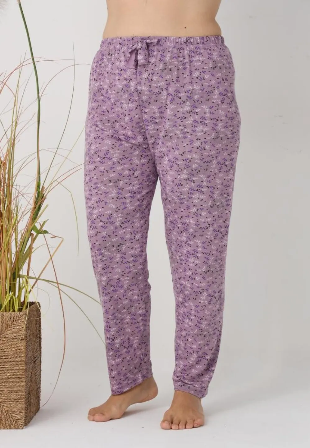 Pantaloni de pijama damă Big Size, mov cu flori - 1
