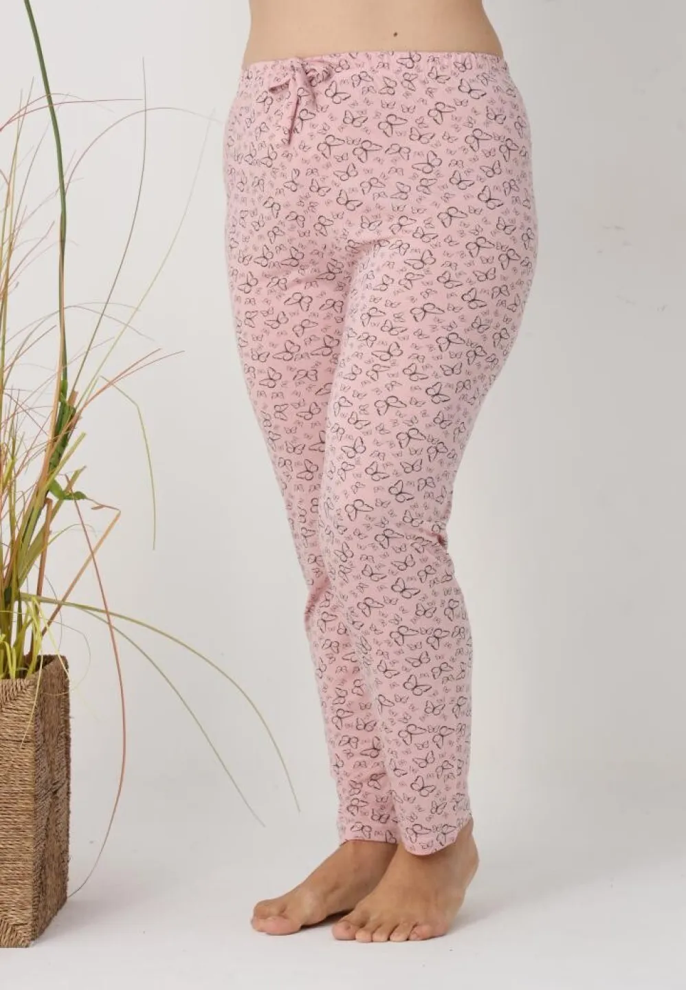 Pantaloni de pijama damă Big Size, roz cu fluturi - 1