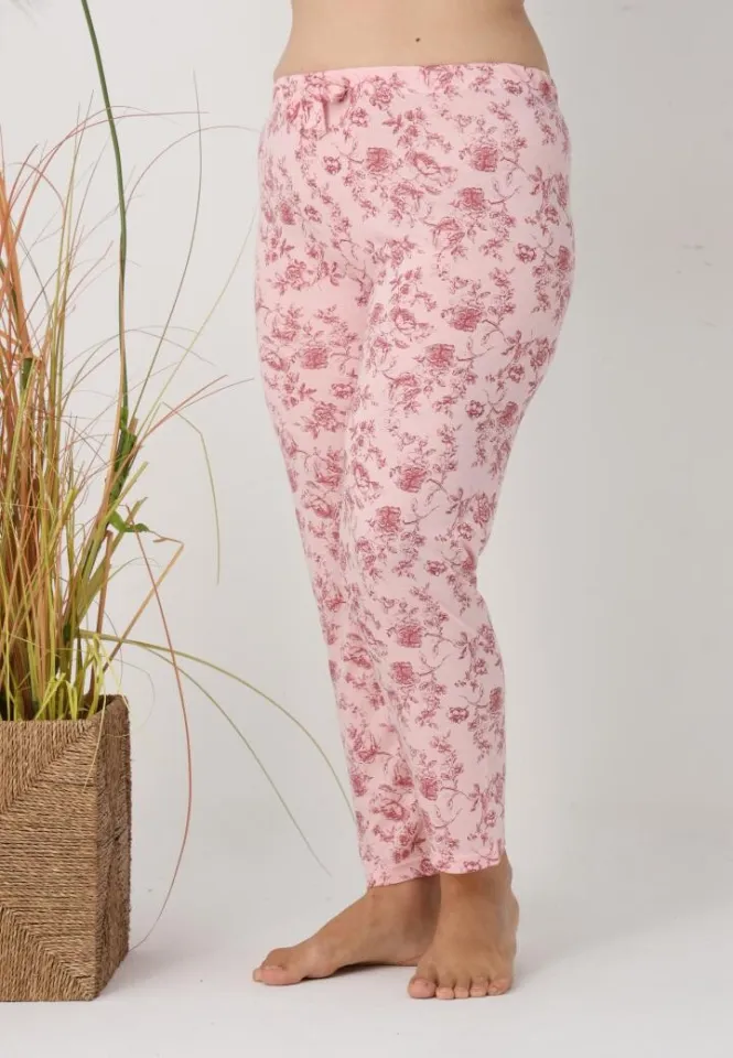 Pantaloni de pijama damă Big Size, roz cu flori