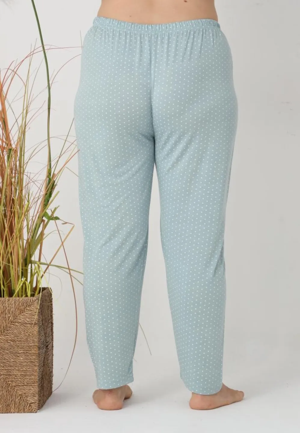 Pantaloni de pijama damă Big Size, verde cu puncte albe - 3