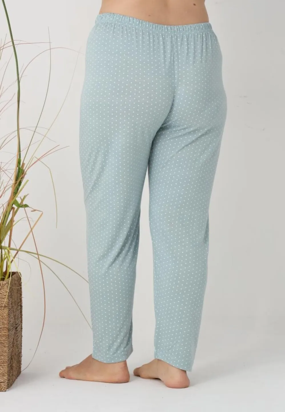 Pantaloni de pijama damă Big Size, verde cu puncte albe - 4