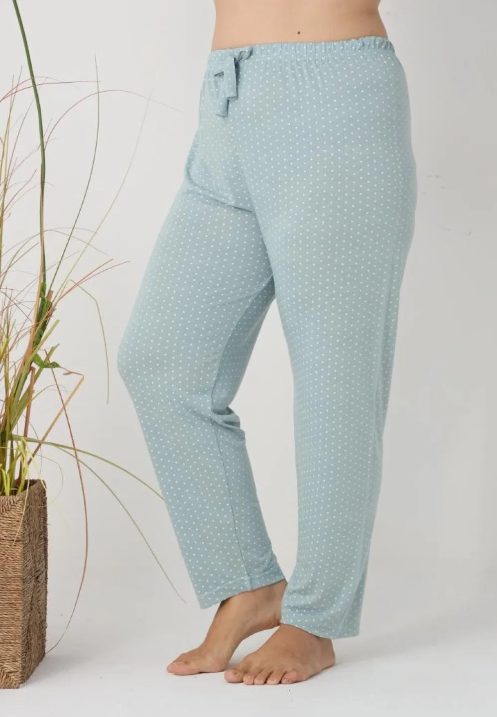 Pantaloni de pijama damă Big Size, verde cu puncte albe - 5