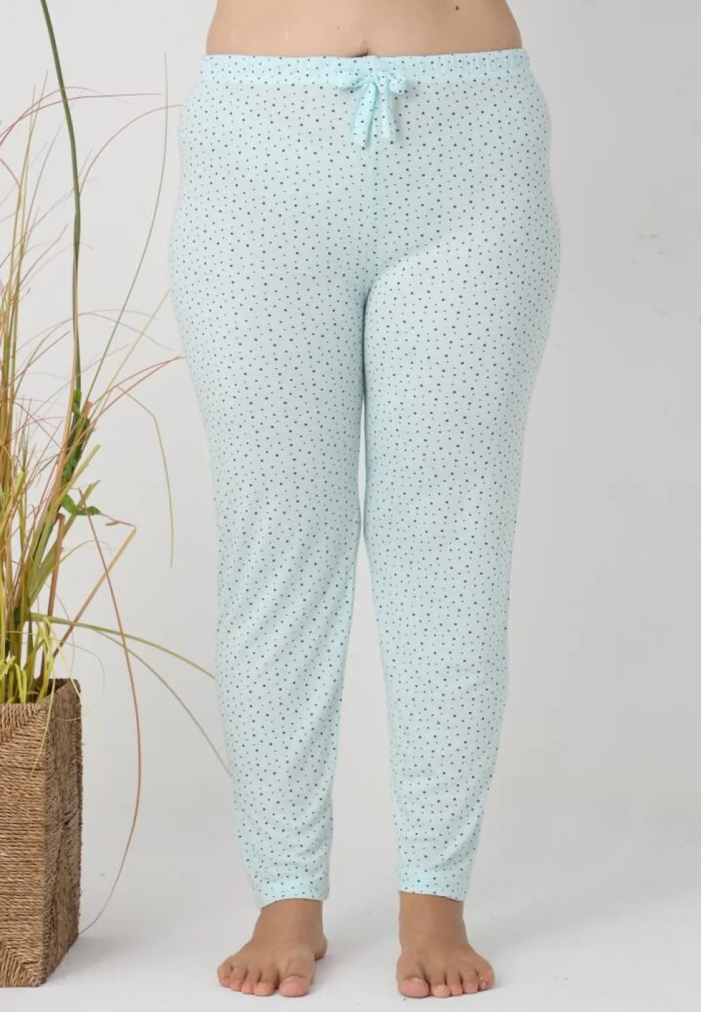 Pantaloni de pijama damă Big Size, turcoaz cu puncte negre - 1