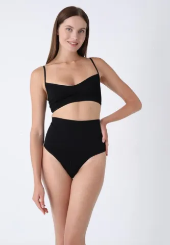 Corset modelator cu talie înaltă și chilot tanga negru