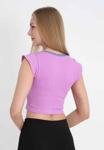 Tricou crop damă cu mânecă scurtă, mov hover
