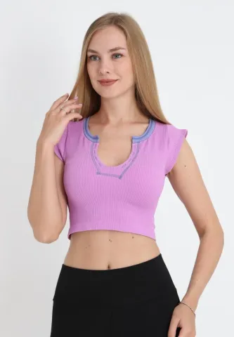 Tricou crop damă cu mânecă scurtă, mov