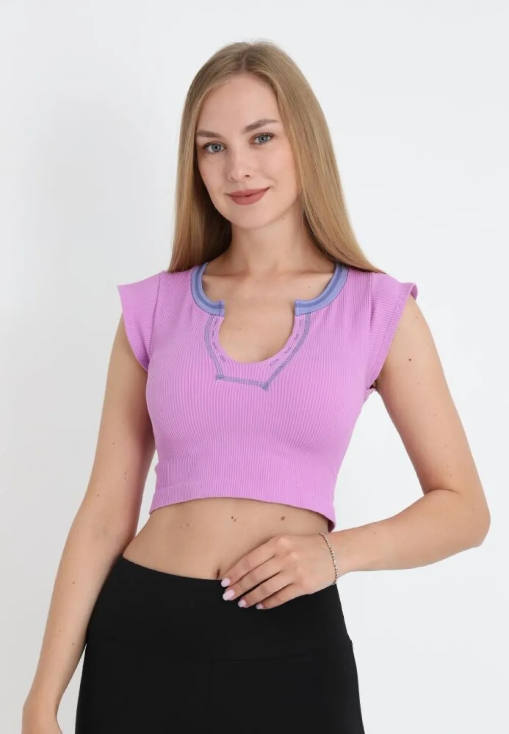 Tricou crop damă cu mânecă scurtă, mov - 3