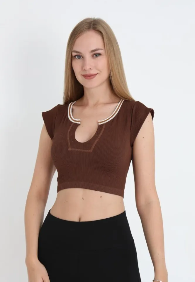 Tricou crop damă cu mânecă scurtă, maro