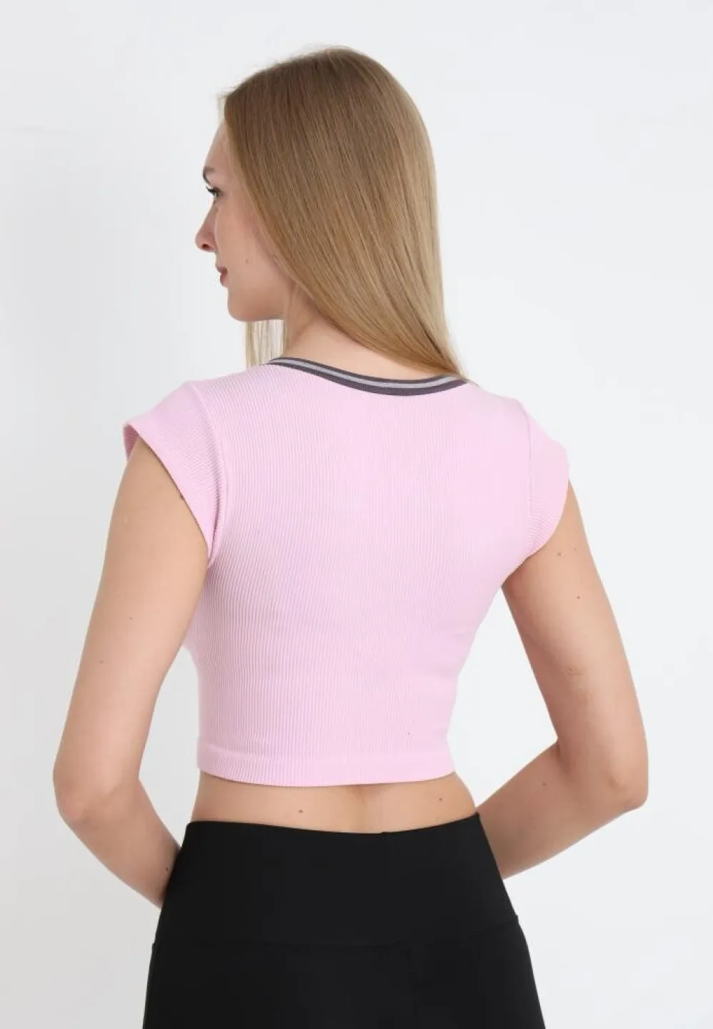 Tricou crop damă cu mânecă scurtă, roz - 2