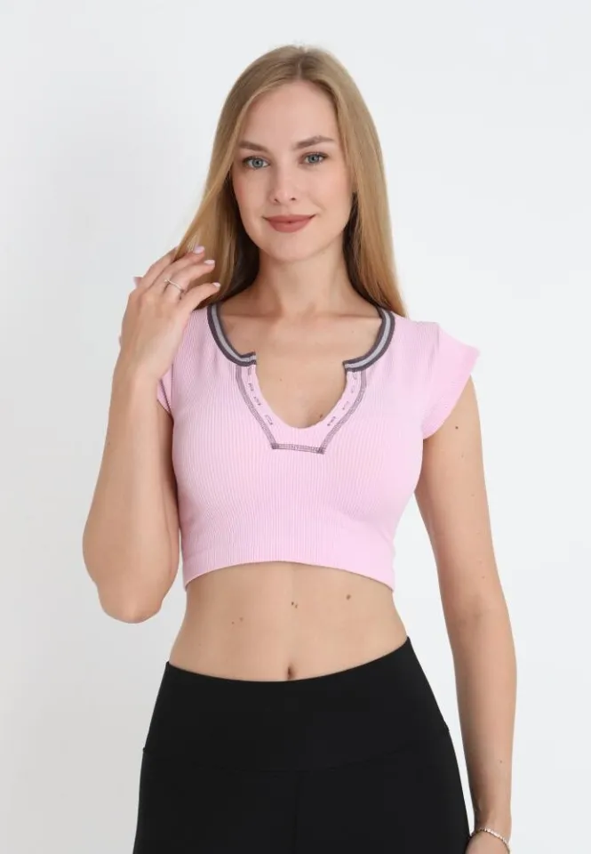 Tricou crop damă cu mânecă scurtă, roz