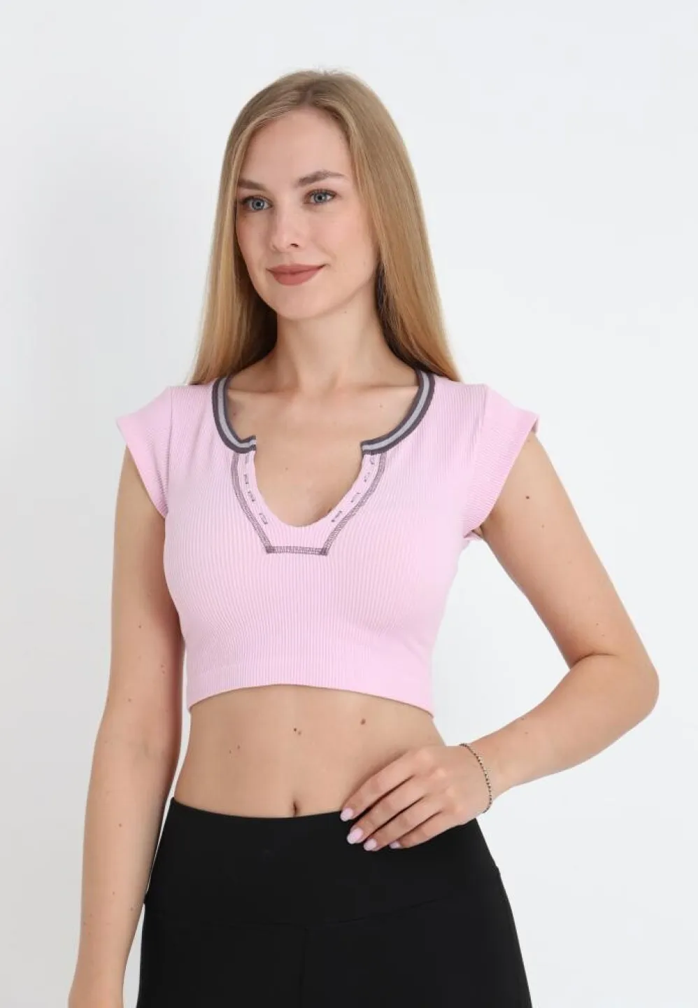 Tricou crop damă cu mânecă scurtă, roz - 4