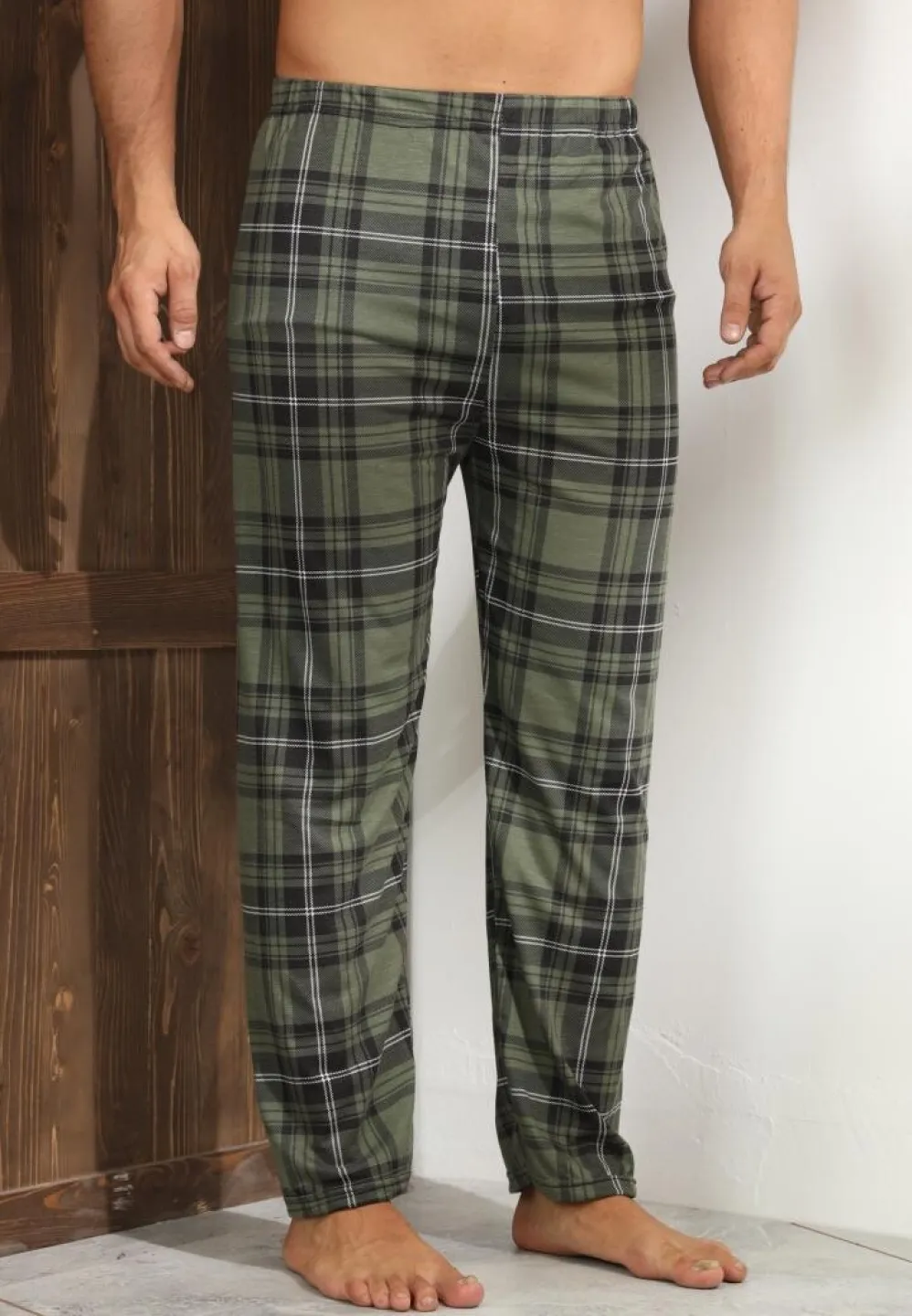 Pantalon bărbat Big Size, verde închis cu carouri negre și linii albe - 3