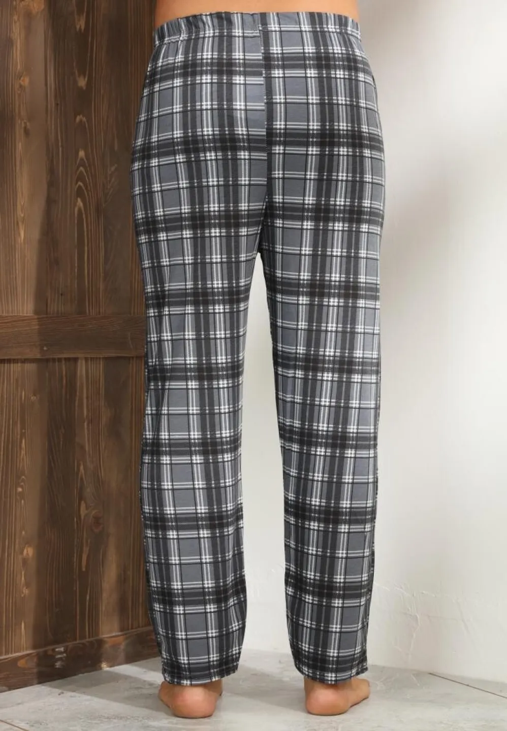 Pantalon bărbat Big Size, gri cu linii albe în carouri, croială lejeră - 2