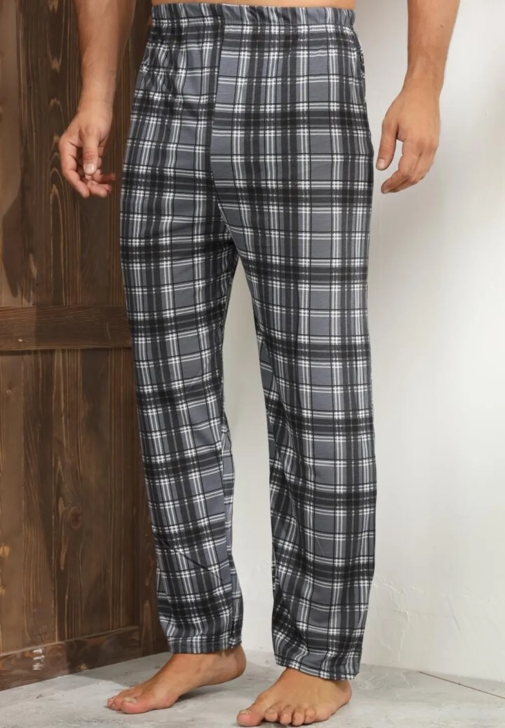 Pantalon bărbat Big Size, gri cu linii albe în carouri, croială lejeră - 3