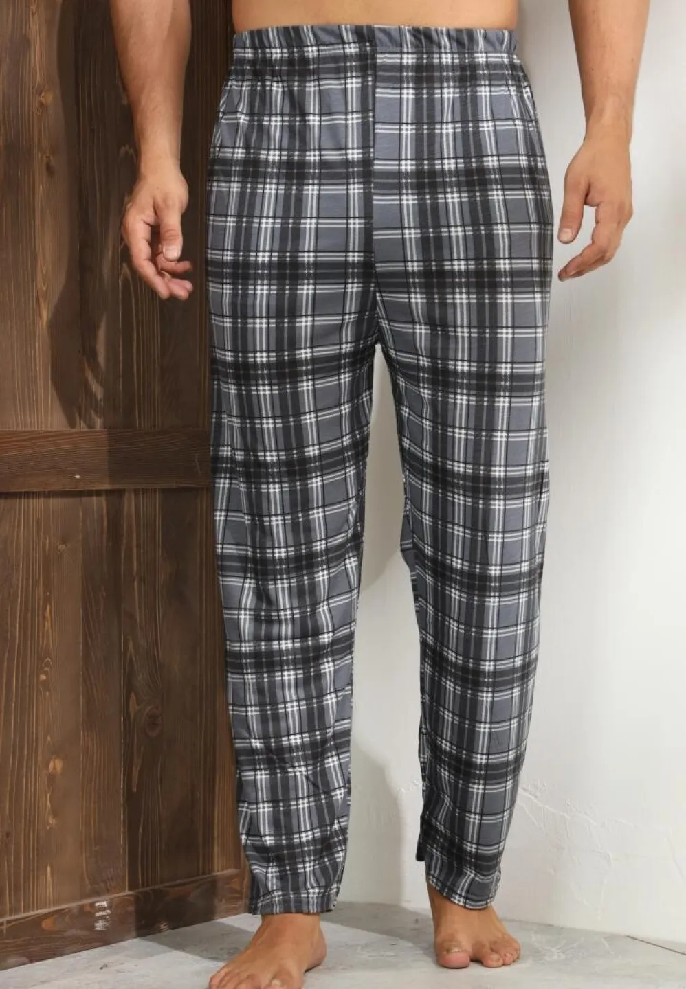 Pantalon bărbat Big Size, gri cu linii albe în carouri, croială lejeră - 4