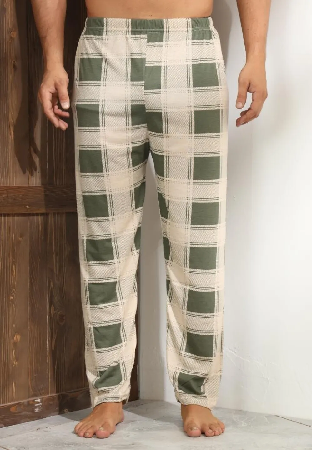 Pantalon bărbat Big Size, bej cu pătrățele verzi - 1