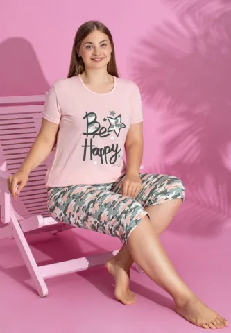 Pijama damă bumbac mărime mare tricou + pantaloni 3/4 BE HAPPY hover