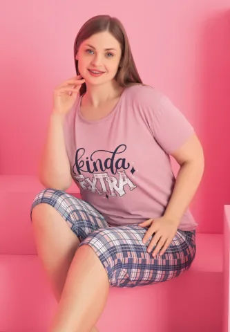 Pijama damă bumbac mărime mare KINDA EXTRA tricou + pantaloni 3/4 hover