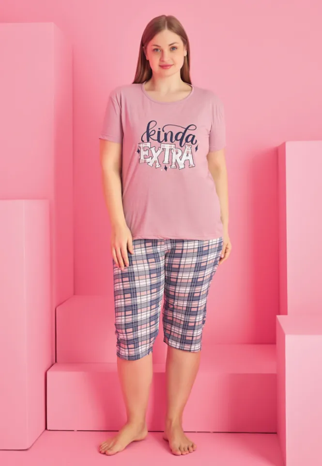 Pijama damă bumbac mărime mare KINDA EXTRA tricou + pantaloni 3/4