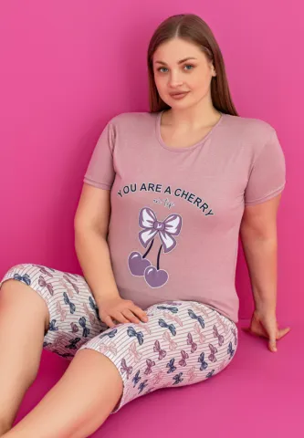 Pijama damă bumbac mărime mare tricou + pantaloni 3/4 you are a cherry hover