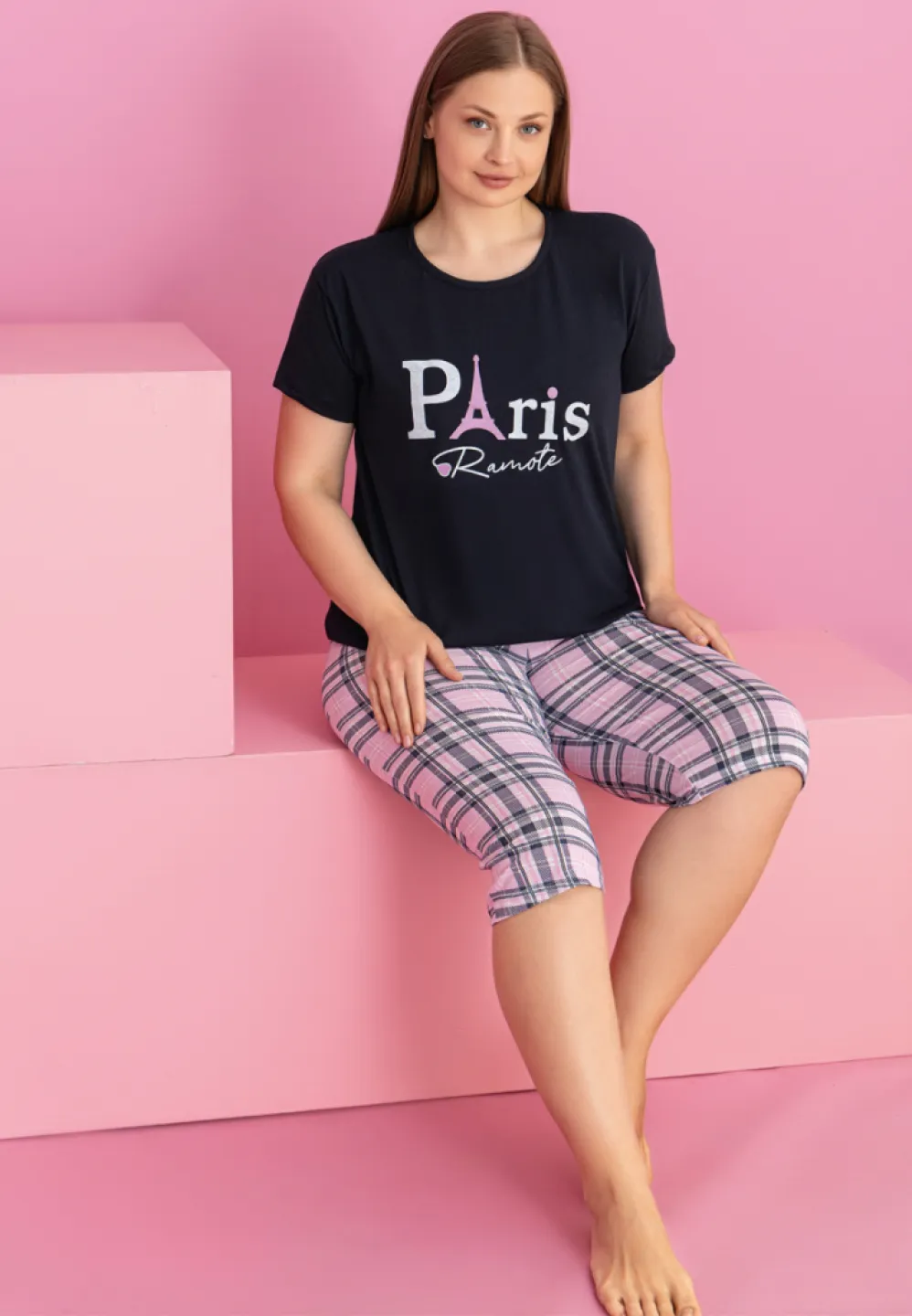 Pijama damă bumbac mărime mare PARIS tricou + pantaloni 3/4 - 2