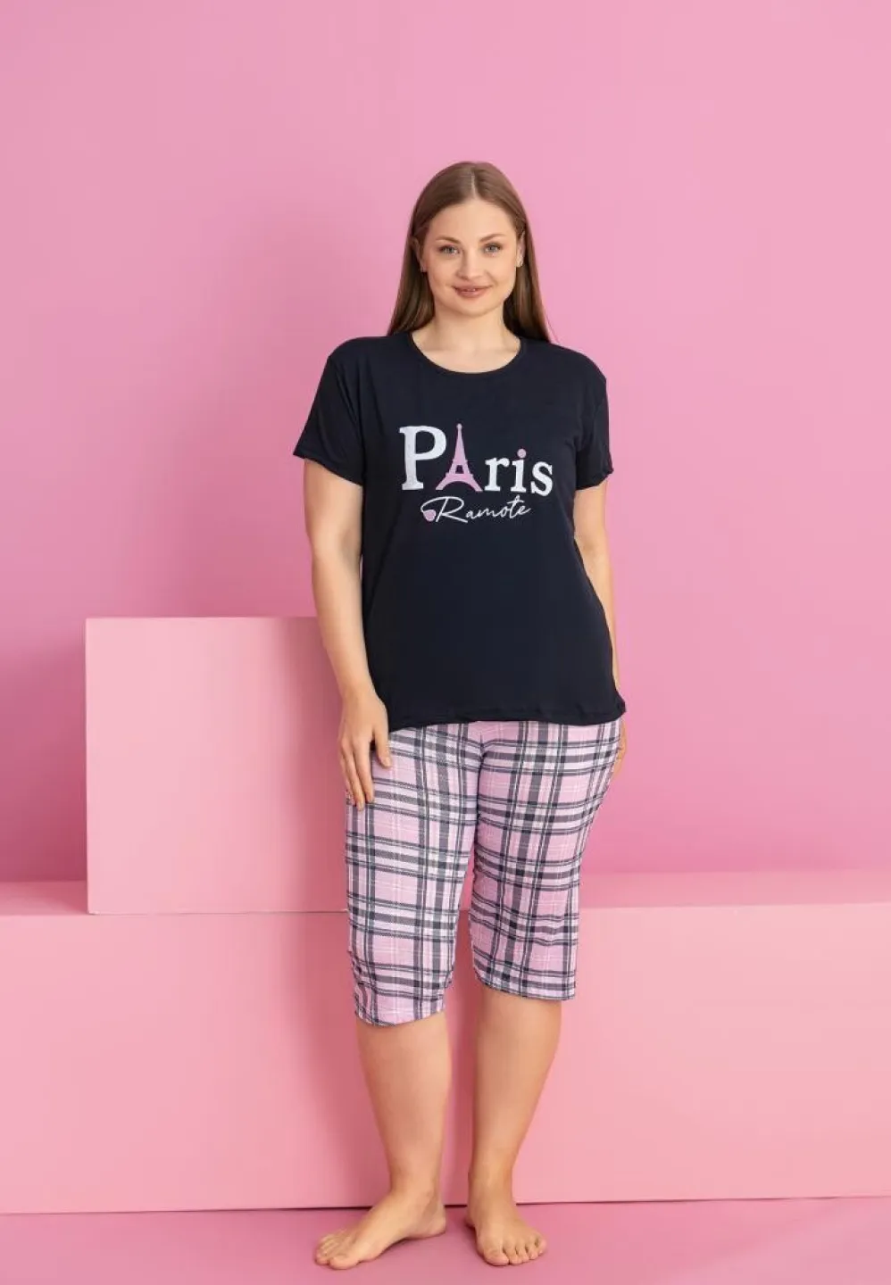 Pijama damă bumbac mărime mare PARIS tricou + pantaloni 3/4 - 1
