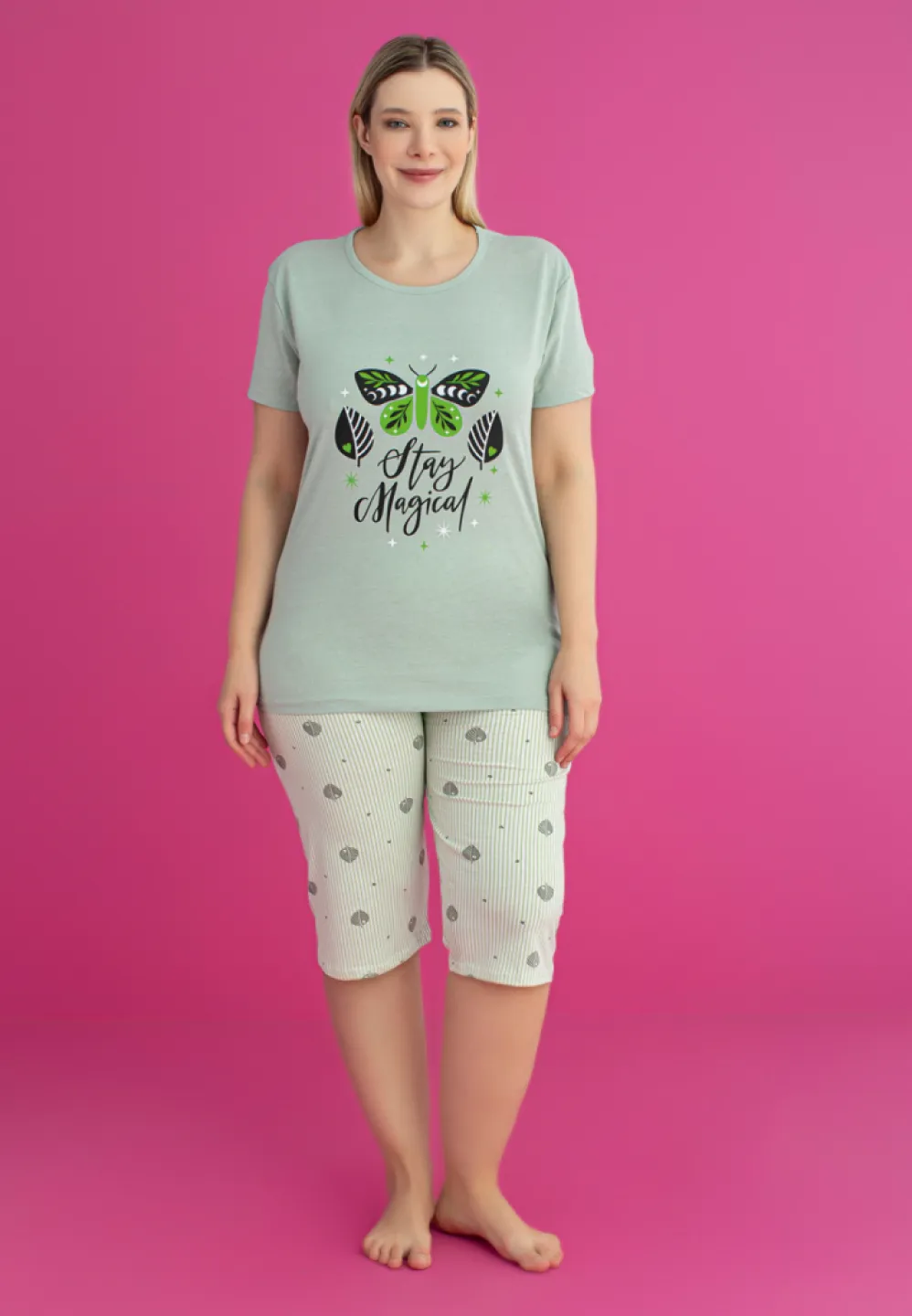 Pijama damă bumbac mărime mare STAY MAGICAL tricou + pantaloni 3/4 - 1