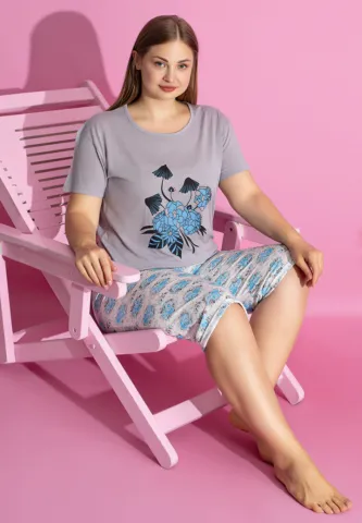 Pijama damă bumbac mărime mare FLORI tricou + pantaloni 3/4 hover
