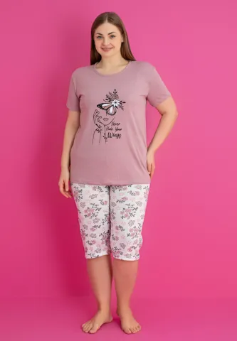 Pijama damă bumbac mărime mare NEVER HIDE YOUR WINGS tricou + pantaloni 3/4