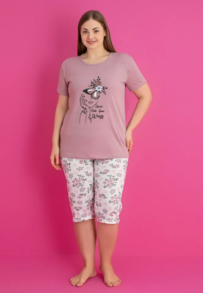 Pijama damă bumbac mărime mare NEVER HIDE YOUR WINGS tricou + pantaloni 3/4
