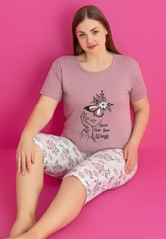 Pijama damă bumbac mărime mare NEVER HIDE YOUR WINGS tricou + pantaloni 3/4 hover