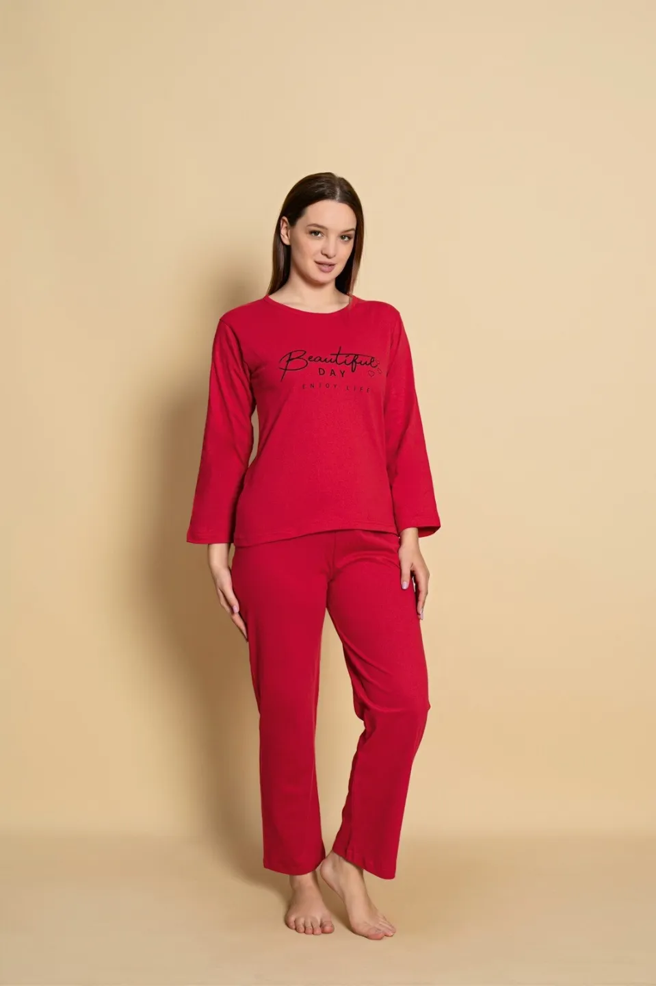 Pijama damă Bumbac roșu Beautiful Day mânecă lungă și pantaloni lungi - 3