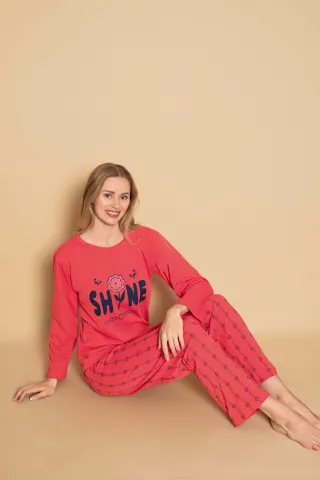 Pijama damă Shine – Bumbac Roșu, Mânecă Lungă și Pantaloni Lungi hover