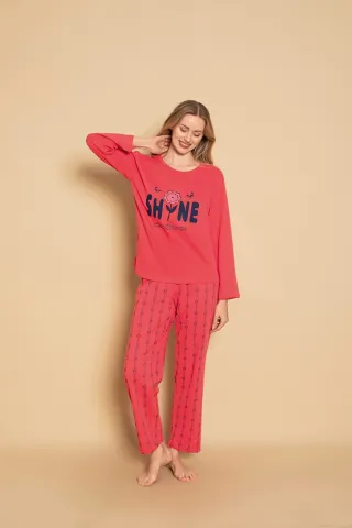 Pijama damă Shine – Bumbac Roșu, Mânecă Lungă și Pantaloni Lungi