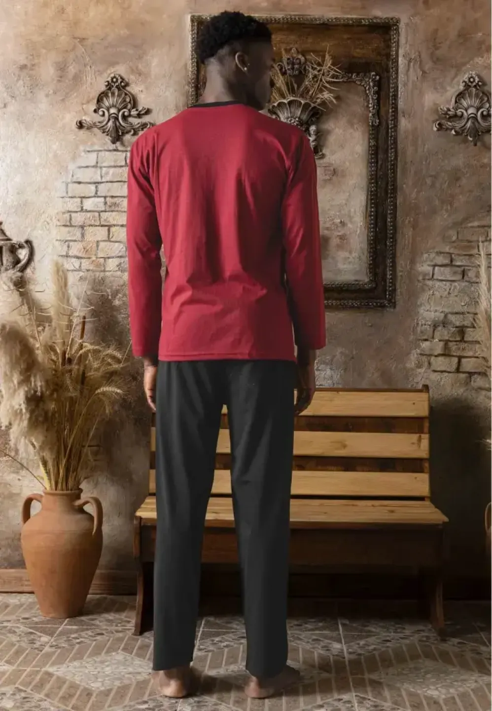 Pijama bărbat – Bordo, Mânecă Lungă și Pantaloni Lungi din Material Confortabil - 2