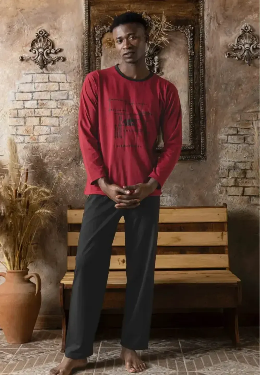 Pijama bărbat – Bordo, Mânecă Lungă și Pantaloni Lungi din Material Confortabil - 3