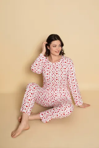 Pijama damă – Mânecă Lungă și Pantaloni Lung Cu Inimioare, Confortabilă și Drăguță