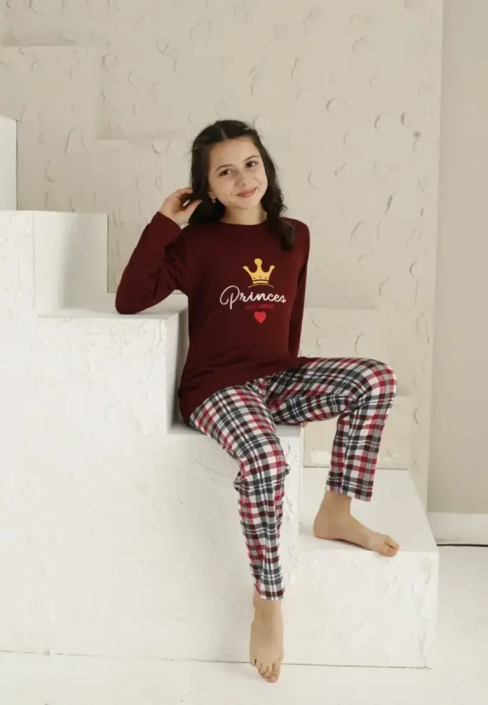 Pijama Fete, Mânecă Lungă si Pantaloni Lungi, Imprimeu Princes, bordo - 1