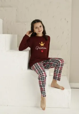 Pijama Fete, Mânecă Lungă si Pantaloni Lungi, Imprimeu Princes, bordo