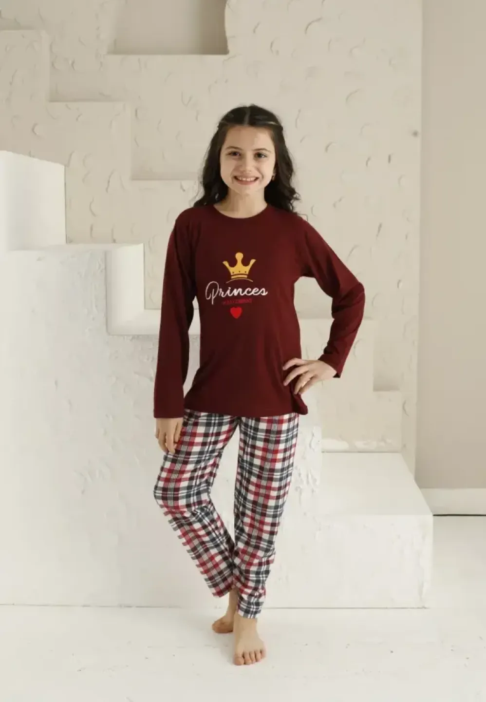 Pijama Fete, Mânecă Lungă si Pantaloni Lungi, Imprimeu Princes, bordo - 3