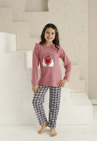 Pijama fete, mânecă lungă și pantaloni lungi, imprimeu Love, roz închis