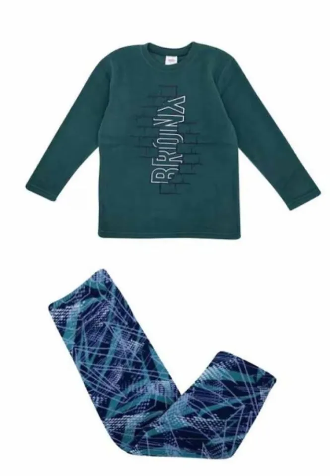 Pijama polar băieți, verde, mânecă lungă și pantaloni lungi