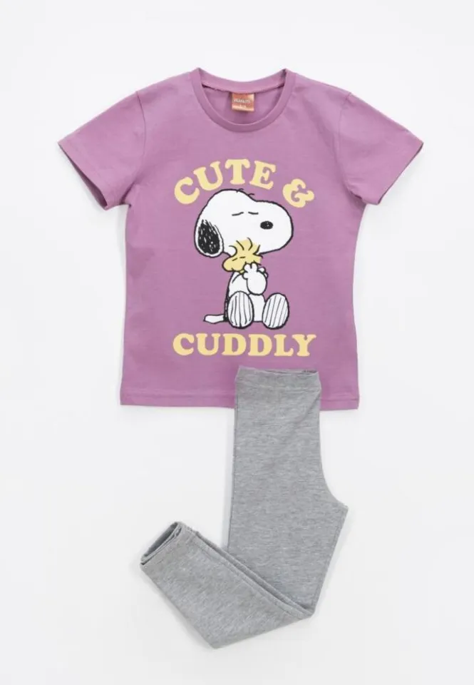 Pijama fete, tricou mov cu mânecă scurtă și colanți gri, imprimeu Snoopy