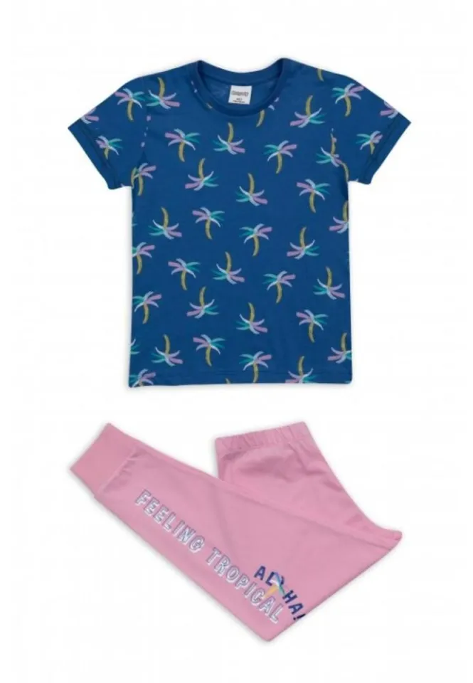 Pijama fete, mânecă scurtă și pantaloni lungi, imprimeu palmieri